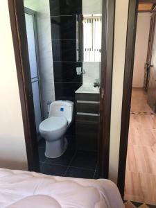 a small bathroom with a toilet and a sink at CABAÑAS SANTA TERESA in Tibasosa
