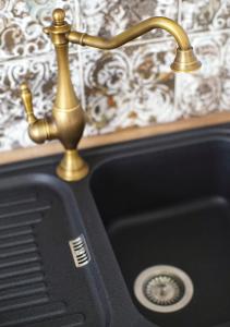 un lavandino da cucina con rubinetto d'oro e aauceterror di Apartment Nostalgie a Opatija