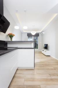 an empty kitchen with white cabinets and wood floors at Nadwiślańska 11 m.169 in Krakow