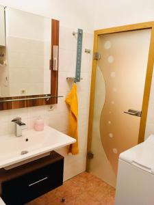 a bathroom with a sink and a shower with a mirror at Villa Linde Franke in Bernburg +10 photos