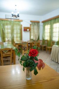 a vase with a red rose sitting on a table at Dimitris Villa Hotel in Matala