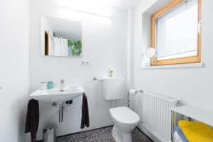 a white bathroom with a toilet and a sink at Am Mellenbach Patrizia Kleber in Mellau
