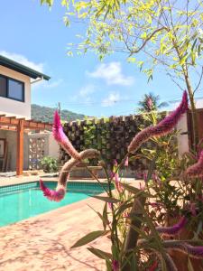a villa with a swimming pool and flowers at Nai'a Suites in Ubatuba
