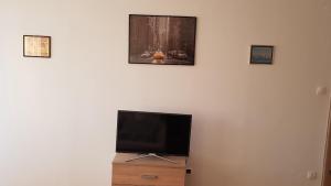 a flat screen tv on a white wall with pictures at Veszprem Kucko in Veszprém