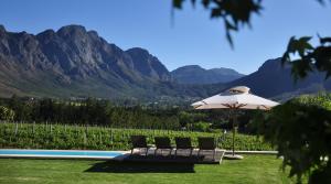 - deux chaises et un parasol à côté de la piscine dans l'établissement Blueberry Hill Cottages, à Franschhoek