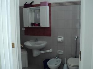 ein kleines Bad mit einem Waschbecken und einem WC in der Unterkunft Casa Direttamente sul mare in Marina di Mancaversa
