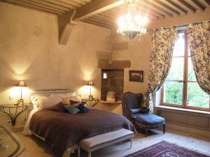 ein Schlafzimmer mit einem Bett, einem Stuhl und einem Kronleuchter in der Unterkunft Maison de la Pra in Valence