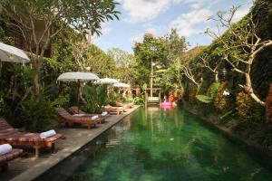 una piscina en un complejo con sillas y árboles en Sapodilla Ubud en Ubud