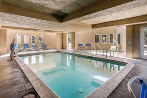 萊思羅普的住宿－萊斯羅普康福特茵酒店，大楼内带蓝色椅子的大型游泳池