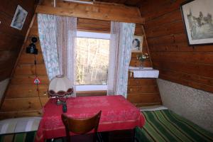 um quarto com uma mesa e uma janela num camarote em EkoPens em Radziszów