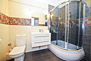 La salle de bains est pourvue d'une douche, de toilettes et d'un lavabo. dans l'établissement Grand Apartments - Neptun Park Maritime Apartment with balcony, à Gdańsk