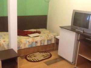 Dormitorio pequeño con cama y TV en Pension Garofita, en Iaşi