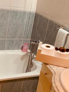 a bathroom with a toilet and a sink and a bath tub at Casa Rural el Comercio Sierra de Francia in San Miguel de Valero +26 photos