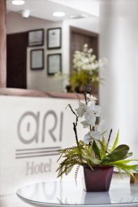 un jarrón con flores blancas sentado en una mesa en ARI Hotel, en Cali