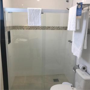 a bathroom with a shower stall and a toilet at Olinda Rio Hotel in Rio de Janeiro