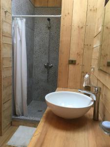 y baño con ducha y lavabo blanco. en Cabaña Eco Loft Chiloe Chonchi, en Chonchi