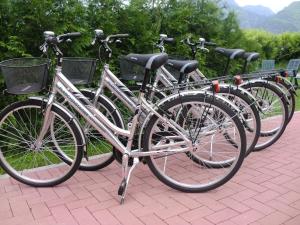 una fila di biciclette parcheggiate l'una accanto all'altra di Agritur Planchenstainer a Riva del Garda