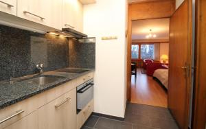 uma cozinha com um lavatório e uma sala de estar em Suot Brattas 21 em St. Moritz