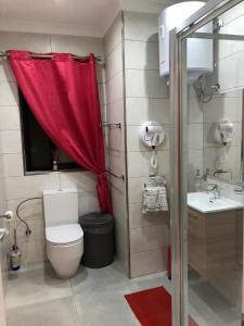 baño con aseo y lavamanos con cortina roja en Marsascala Sea View Apartment & Penthouse, en Marsaskala