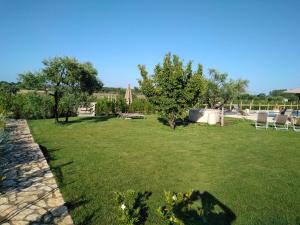 a green yard with chairs and trees in a field at Agriturismo Sweet Cottage in Marina di Grosseto