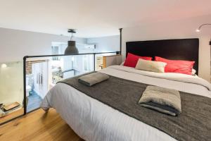 マドリードにあるModerno Apartamento en Lavapiésのベッドルーム1室(大型ベッド1台、赤い枕付)