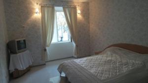 Schlafzimmer mit einem Bett, einem Fenster und einem TV in der Unterkunft вулиця 29-го Вересня 2\25 in Krementschuk