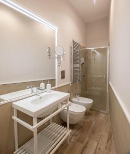 La salle de bains est pourvue d'un lavabo, de toilettes et d'une douche. dans l'établissement Rainbow Suite, à Cassino