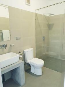 uma casa de banho com um WC, um lavatório e um chuveiro em Hotel Blue Note em Hikkaduwa