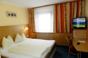 ein Hotelzimmer mit einem Bett, einem Schreibtisch und einem TV in der Unterkunft Hotel Garni Erlbacher in Schladming