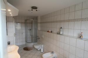 ツィノヴィッツにあるFerienwohnung Sonneのバスルーム(シャワー、トイレ、シンク付)