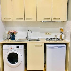 eine Küche mit einer Waschmaschine und einem Waschbecken in der Unterkunft Cozy Konka Apartments in Tbilisi City