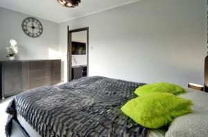sypialnia z łóżkiem z zieloną poduszką w obiekcie Apartament Sun & Ski Willa K2 Black & White w mieście Karpacz