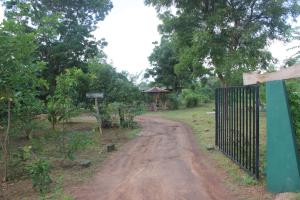 a gate on a dirt road next to a field at Wilpattu Holiday Home in Nochchiyagama