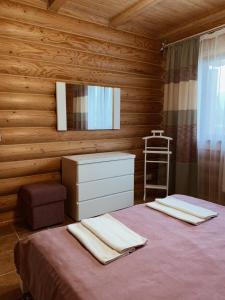 a bedroom with a bed with a dresser and a mirror at Cottage Simka in Mykulychyn