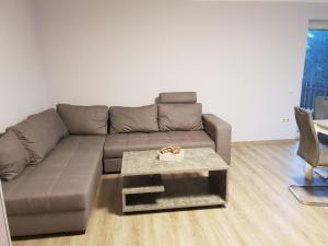ein Wohnzimmer mit einem braunen Sofa und einem Tisch in der Unterkunft Sunnesching in Sankt Michaelisdonn