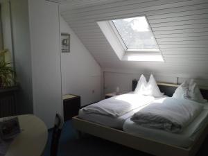 a bedroom with a bed with a skylight at Haus Mariandl in Düsseldorf