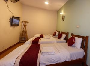 3 camas en una habitación con TV y trípode en Hotel Hikers Haven, en Katmandú