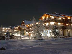 a lodge in the snow at night at Sport Park Volen in Yakhroma