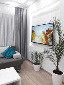 a living room with two potted plants and a flat screen tv at Apartmani Abbazia in Banja Luka