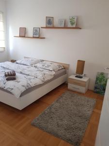 a bedroom with a bed and a rug at Harmony apartman in Bijeljina