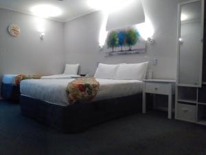 a hotel room with a large bed and a mirror at Colonial Lodge Motel in Taupo