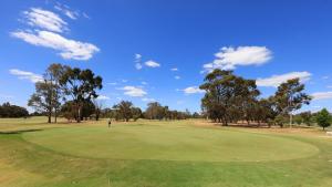 a grassy field with trees and a blue sky at Moama Central Motel in Echuca