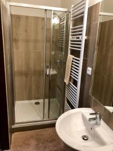 La salle de bains est pourvue d'une douche et d'un lavabo. dans l'établissement YELLOW STREET APARTMENT, à Rokytnice nad Jizerou