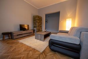 a living room with a couch and a tv at Victus Apartamenty, Apartament Grande in Sopot