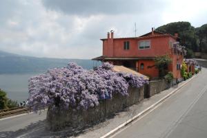una casa con fiori viola sul ciglio di una strada di Albergo Lucia Pagnanelli a Castel Gandolfo