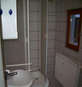 ein kleines Bad mit einem Waschbecken und einer Dusche in der Unterkunft Picobello Herberge in Görlitz
