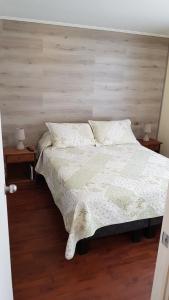 1 dormitorio con 1 cama con pared de madera en Santiago Centro - Tarapaca, en Santiago