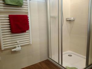 ein Bad mit einer Dusche und einem roten Handtuch in der Unterkunft Gsenghof in Filzmoos