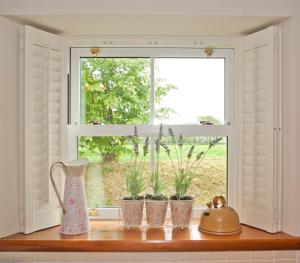 a window with three potted plants on a shelf at Bellfry at Old Boley in Wexford