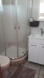 a bathroom with a shower and a toilet and a sink at kibbutz hatzor A room close to Ashdod in H̱aẕor Ashdod
